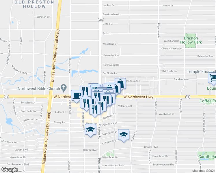 map of restaurants, bars, coffee shops, grocery stores, and more near 6105 Averill Way in Dallas