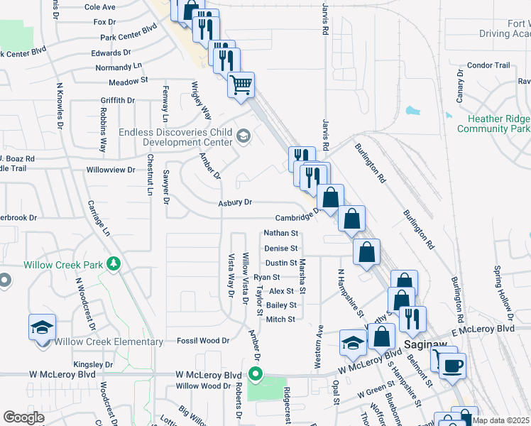map of restaurants, bars, coffee shops, grocery stores, and more near 411 Cambridge Drive in Saginaw