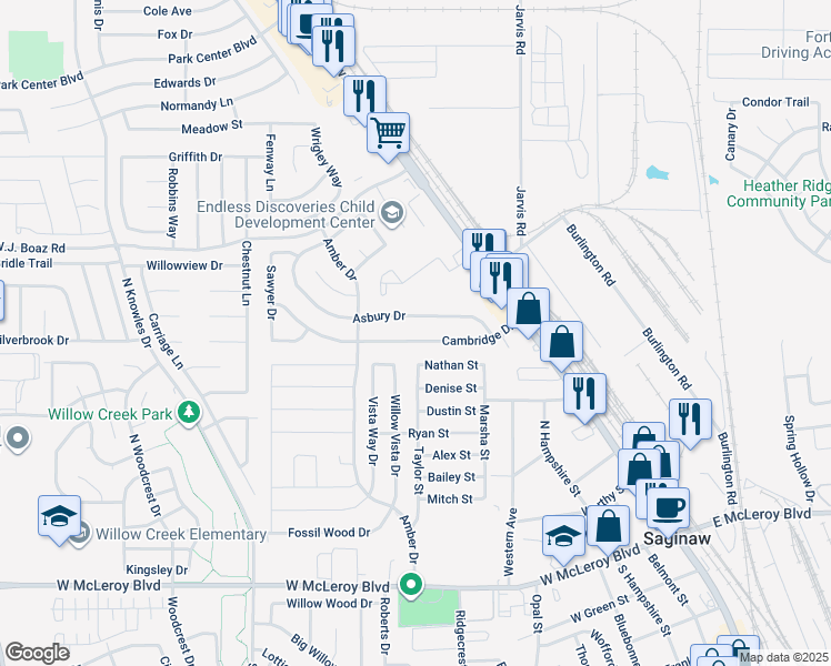 map of restaurants, bars, coffee shops, grocery stores, and more near 411 Cambridge Drive in Saginaw