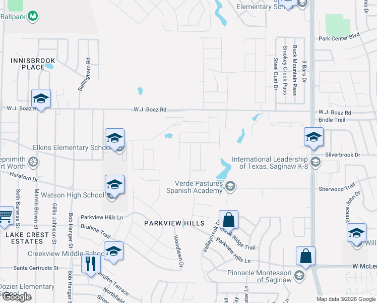 map of restaurants, bars, coffee shops, grocery stores, and more near 7053 Meandering Creek Lane in Fort Worth