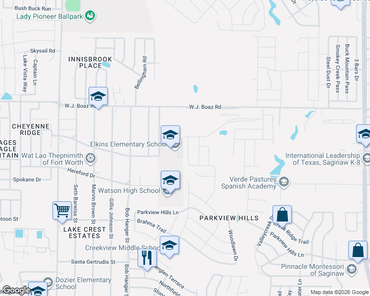 map of restaurants, bars, coffee shops, grocery stores, and more near 7250 Elkins School Road in Saginaw