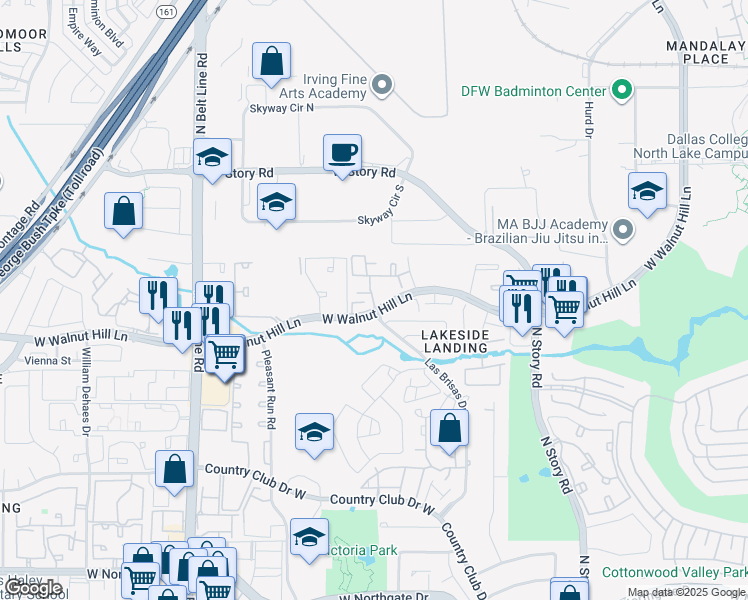 map of restaurants, bars, coffee shops, grocery stores, and more near 2861 West Walnut Hill Lane in Irving