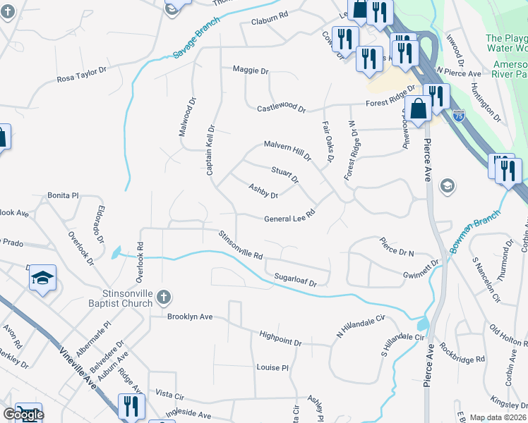 map of restaurants, bars, coffee shops, grocery stores, and more near 3074 General Lee Road in Macon