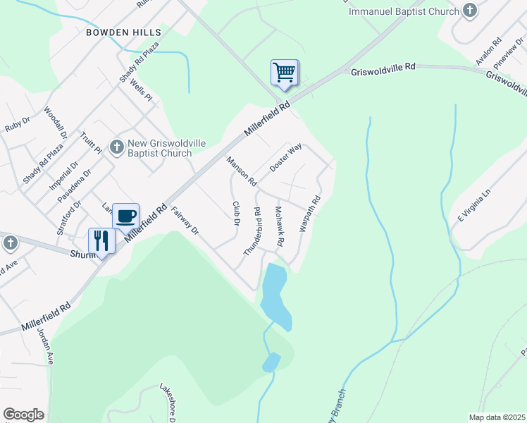 map of restaurants, bars, coffee shops, grocery stores, and more near 3341 Thunderbird Road in Macon