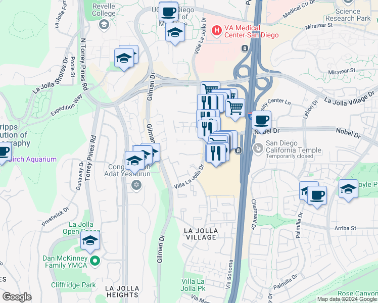 map of restaurants, bars, coffee shops, grocery stores, and more near 8680 Villa La Jolla Drive in San Diego