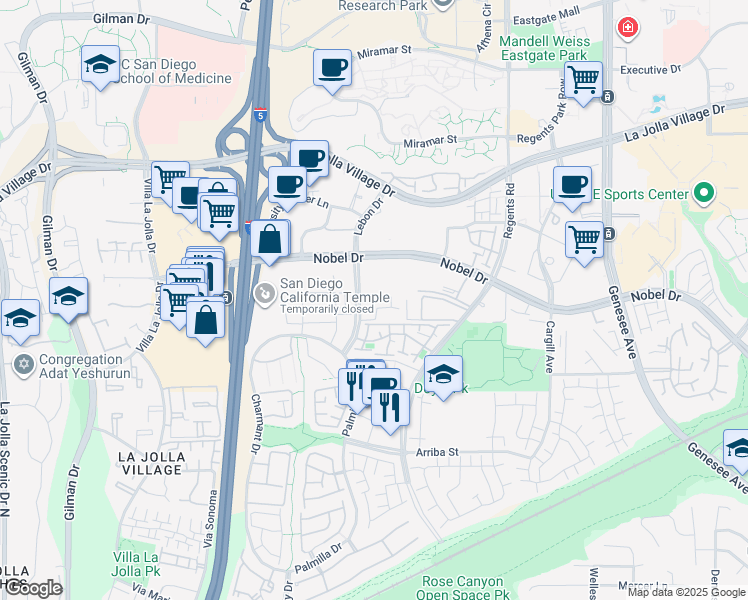 map of restaurants, bars, coffee shops, grocery stores, and more near 3417 Lebon Drive in San Diego