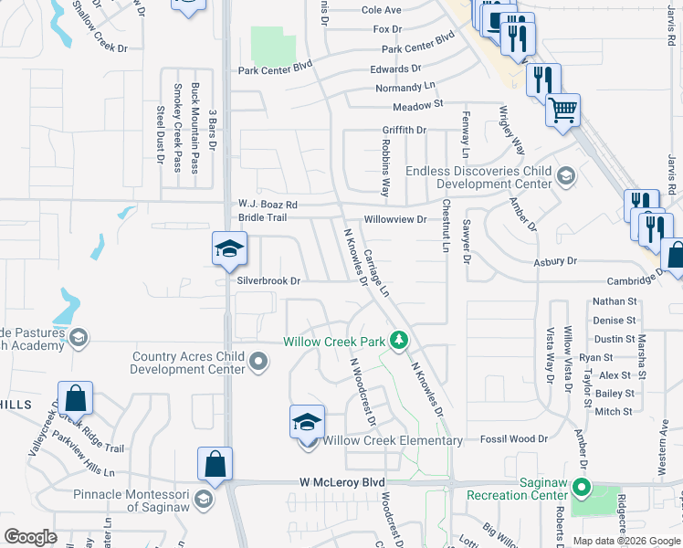 map of restaurants, bars, coffee shops, grocery stores, and more near 605 Babbling Brook Drive in Fort Worth