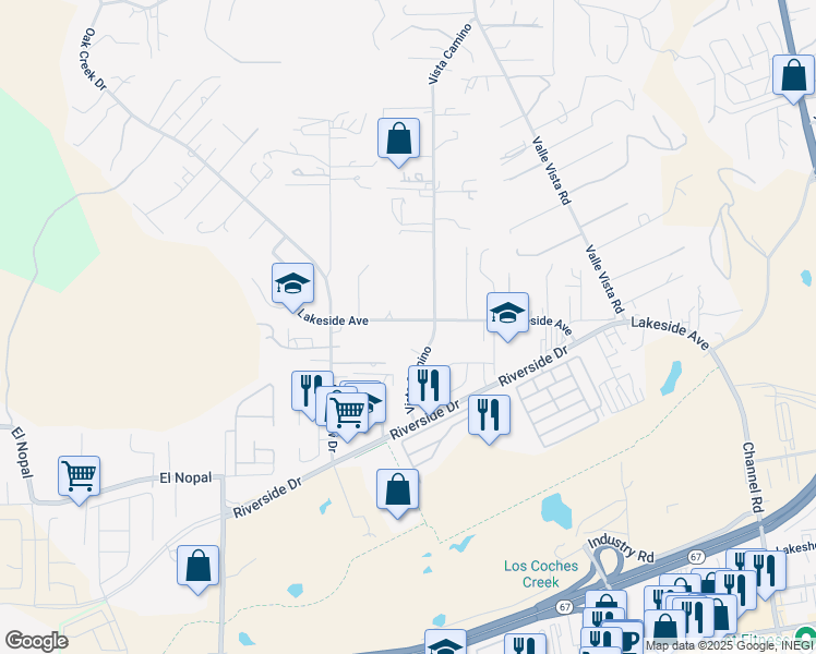 map of restaurants, bars, coffee shops, grocery stores, and more near 11721 Lakeside Avenue in Lakeside