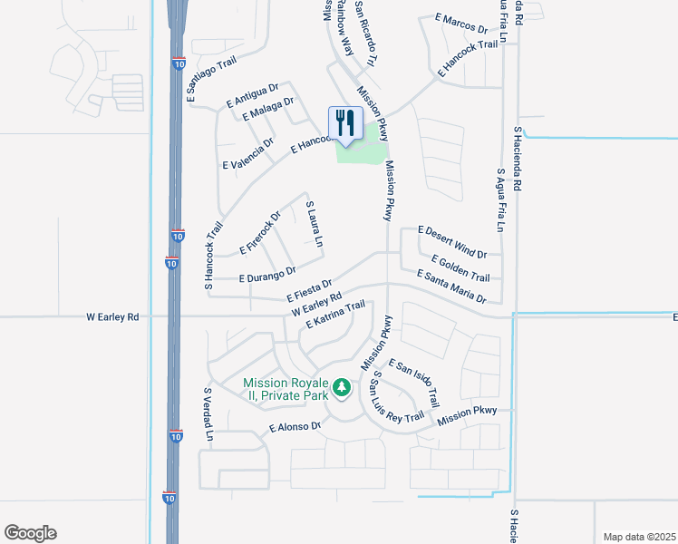 map of restaurants, bars, coffee shops, grocery stores, and more near 2491 East Fiesta Drive in Casa Grande