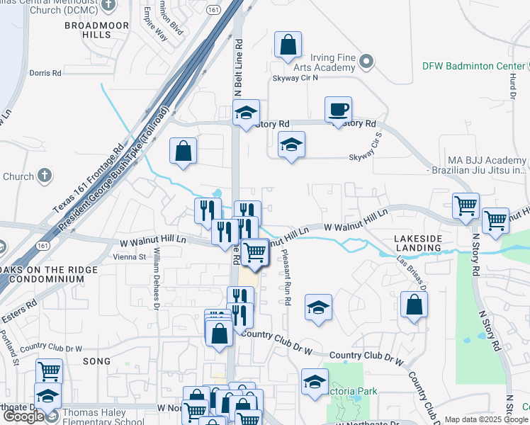map of restaurants, bars, coffee shops, grocery stores, and more near 3213 West Walnut Hill Lane in Irving