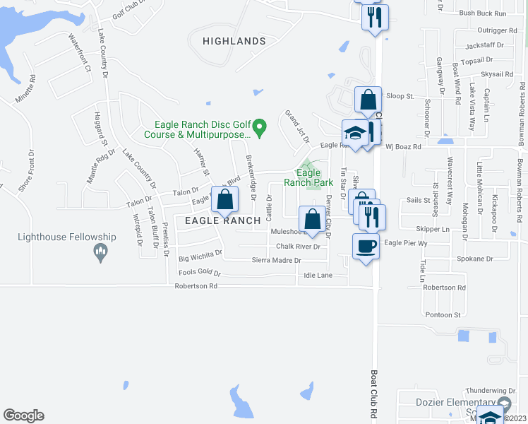 map of restaurants, bars, coffee shops, grocery stores, and more near 7021 Cattle Drive in Fort Worth
