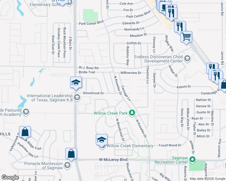 map of restaurants, bars, coffee shops, grocery stores, and more near 605 Babbling Brook Drive in Saginaw