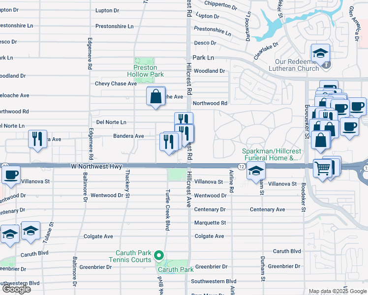 map of restaurants, bars, coffee shops, grocery stores, and more near 8611 Hillcrest Road in Dallas