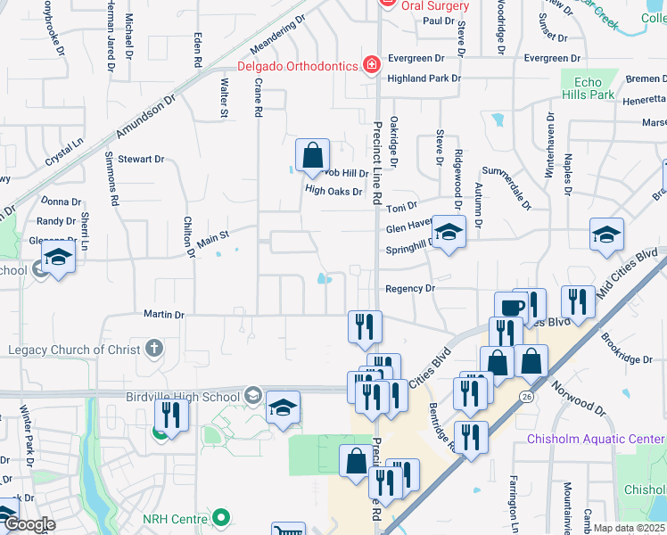 map of restaurants, bars, coffee shops, grocery stores, and more near 6525 Rock Springs Drive in North Richland Hills