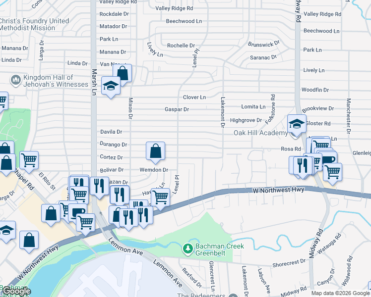 map of restaurants, bars, coffee shops, grocery stores, and more near 3933 Cortez Drive in Dallas