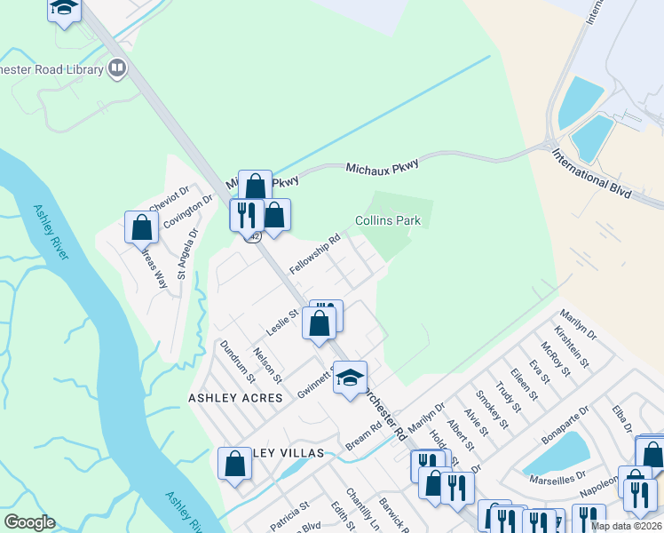 map of restaurants, bars, coffee shops, grocery stores, and more near 4246 Britain Court in North Charleston