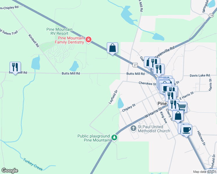 map of restaurants, bars, coffee shops, grocery stores, and more near 635 Layfield Drive in Pine Mountain