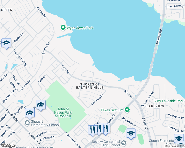 map of restaurants, bars, coffee shops, grocery stores, and more near 1533 Lakeland Park Drive in Garland