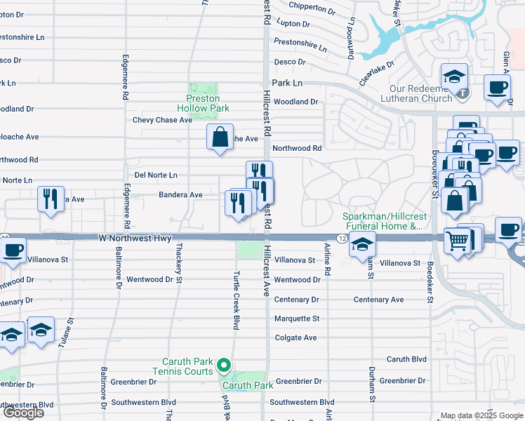 map of restaurants, bars, coffee shops, grocery stores, and more near in Dallas