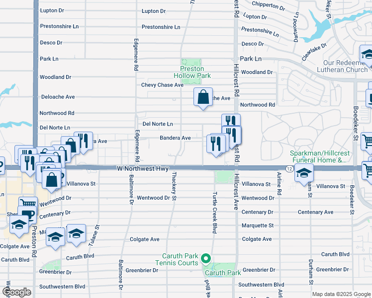 map of restaurants, bars, coffee shops, grocery stores, and more near 7 Turtle Creek Boulevard in Dallas
