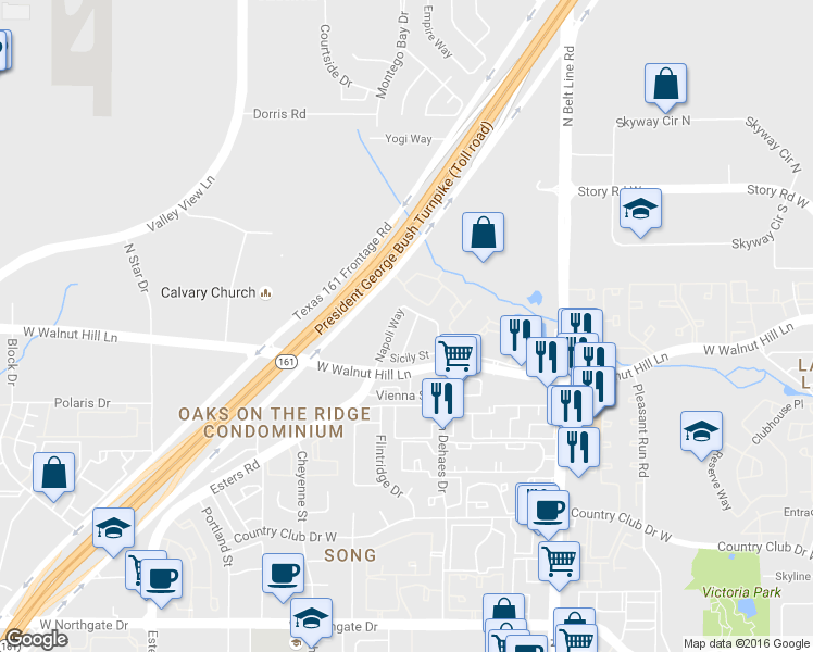 map of restaurants, bars, coffee shops, grocery stores, and more near 4146 Florence Drive in Irving