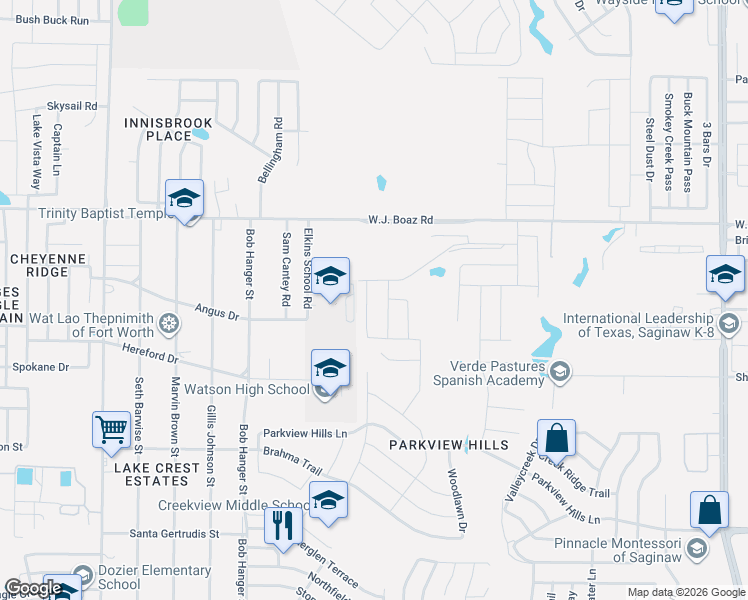 map of restaurants, bars, coffee shops, grocery stores, and more near 7250 Elkins School Road in Saginaw