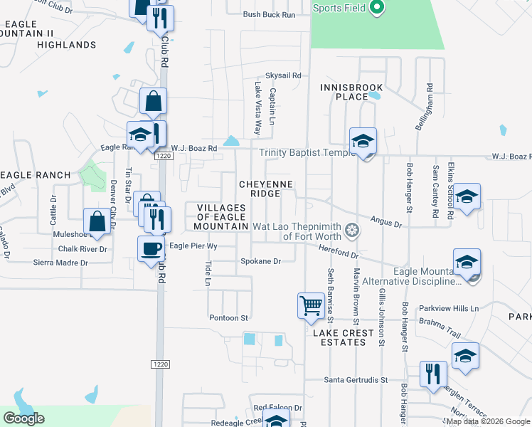 map of restaurants, bars, coffee shops, grocery stores, and more near 7128 Mohegan Drive in Fort Worth