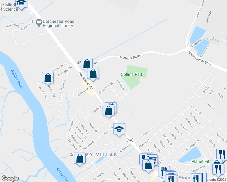 map of restaurants, bars, coffee shops, grocery stores, and more near 4241 Britain Court in North Charleston
