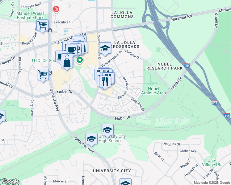 map of restaurants, bars, coffee shops, grocery stores, and more near 5190 Renaissance Avenue in San Diego