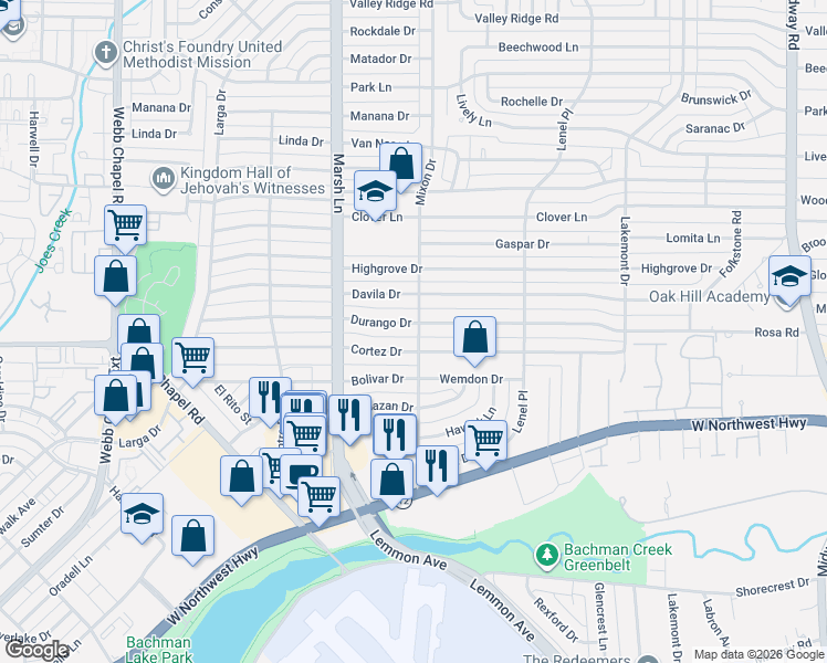 map of restaurants, bars, coffee shops, grocery stores, and more near 3761 Cortez Drive in Dallas