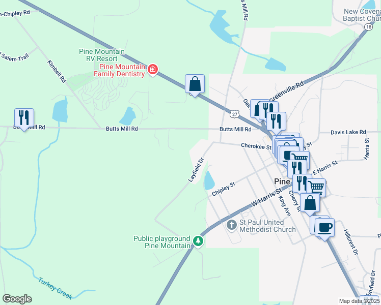 map of restaurants, bars, coffee shops, grocery stores, and more near 635 Layfield Drive in Pine Mountain