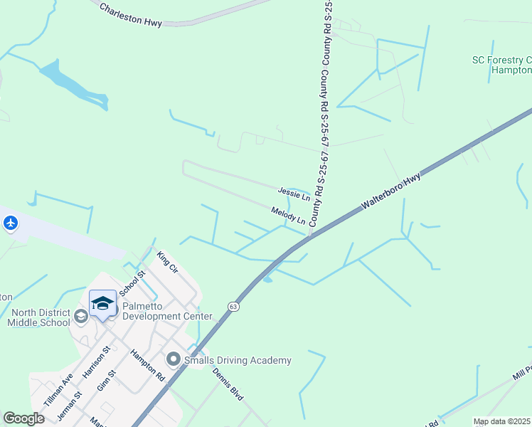 map of restaurants, bars, coffee shops, grocery stores, and more near 133 Melody Lane in Varnville