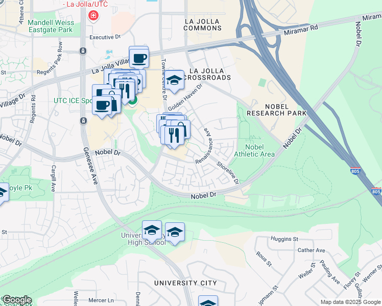 map of restaurants, bars, coffee shops, grocery stores, and more near 5190 Renaissance Avenue in San Diego