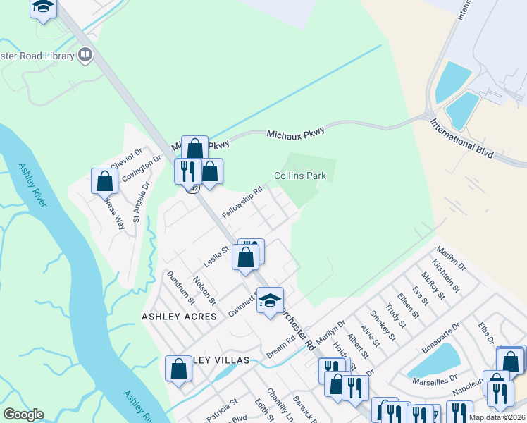map of restaurants, bars, coffee shops, grocery stores, and more near 4223 Britain Court in North Charleston