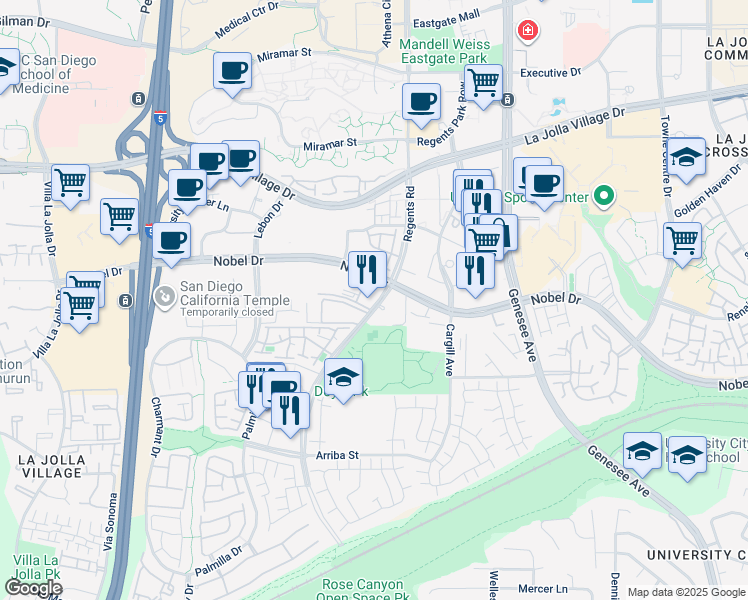 map of restaurants, bars, coffee shops, grocery stores, and more near 8308 Regents Road in San Diego