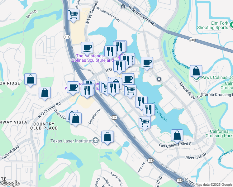map of restaurants, bars, coffee shops, grocery stores, and more near 220 East Las Colinas Boulevard in Irving