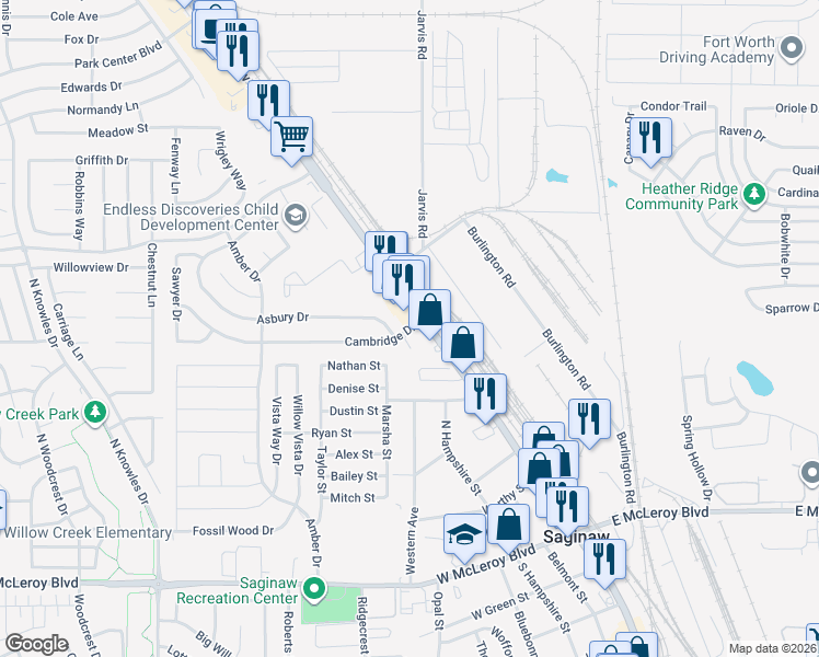 map of restaurants, bars, coffee shops, grocery stores, and more near 127 Cambridge Drive in Saginaw