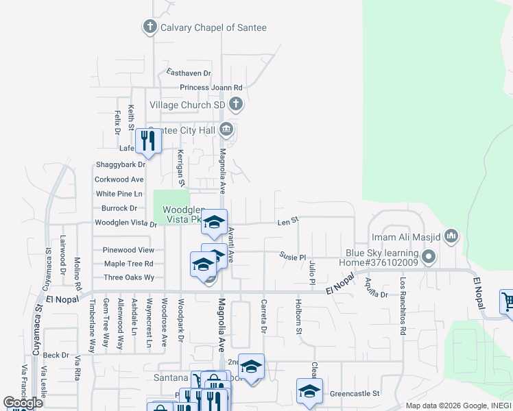 map of restaurants, bars, coffee shops, grocery stores, and more near 10413 Len Way in Santee