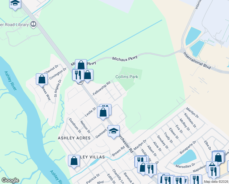 map of restaurants, bars, coffee shops, grocery stores, and more near 4210 Wales Court in North Charleston
