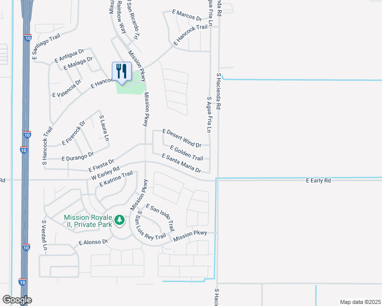 map of restaurants, bars, coffee shops, grocery stores, and more near 2643 East Golden Trail in Casa Grande