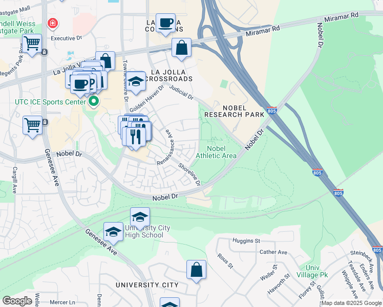 map of restaurants, bars, coffee shops, grocery stores, and more near 5381 Renaissance Avenue in San Diego