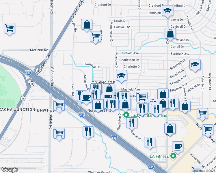 map of restaurants, bars, coffee shops, grocery stores, and more near 4127 Greenway Drive in Garland