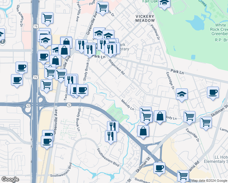 map of restaurants, bars, coffee shops, grocery stores, and more near 6200 Melody Lane in Dallas