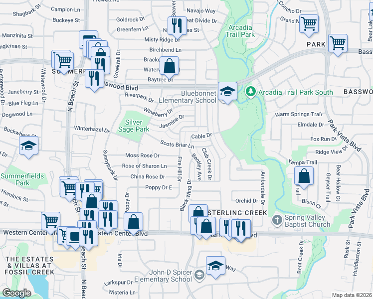 map of restaurants, bars, coffee shops, grocery stores, and more near 7005 Bentley Avenue in Fort Worth