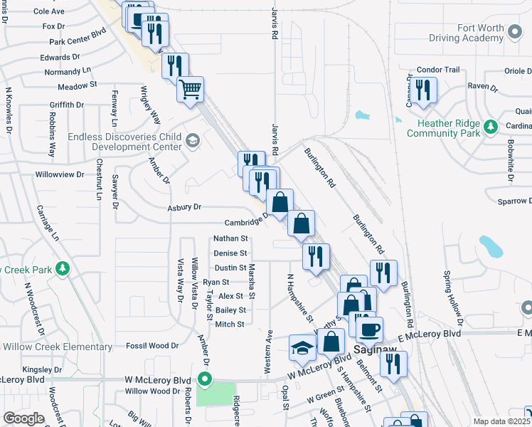 map of restaurants, bars, coffee shops, grocery stores, and more near 127 Cambridge Drive in Saginaw