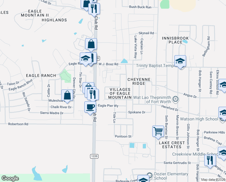 map of restaurants, bars, coffee shops, grocery stores, and more near 6345 Seagull Lane in Fort Worth