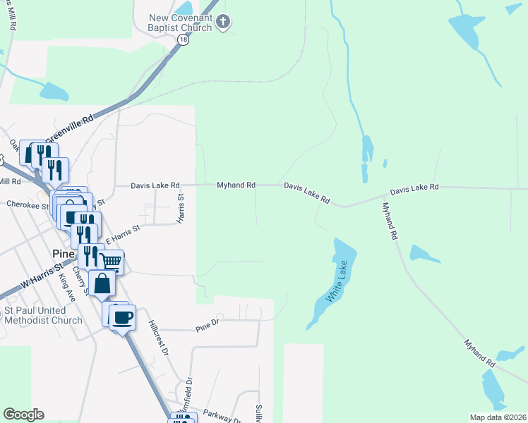 map of restaurants, bars, coffee shops, grocery stores, and more near 91 Abbie Shepherd Drive in Pine Mountain