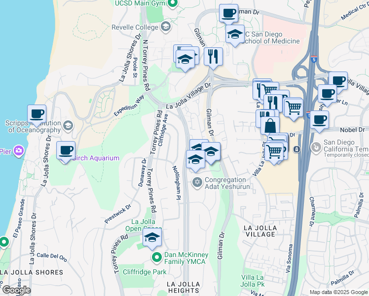 map of restaurants, bars, coffee shops, grocery stores, and more near 8838 La Jolla Scenic Drive North in San Diego