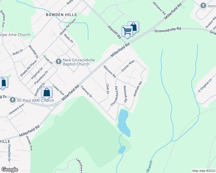 map of restaurants, bars, coffee shops, grocery stores, and more near 3311 Club Drive in Macon