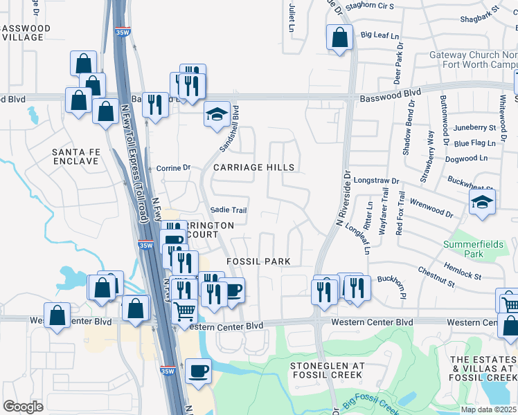 map of restaurants, bars, coffee shops, grocery stores, and more near 3451 Thaddeus Drive in Fort Worth
